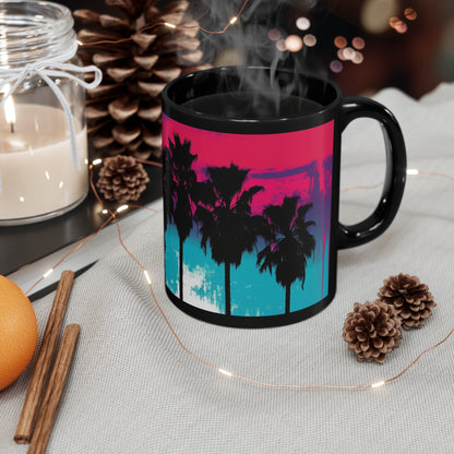 Pink and blue Palm tree paint drip print 11oz Black Mug