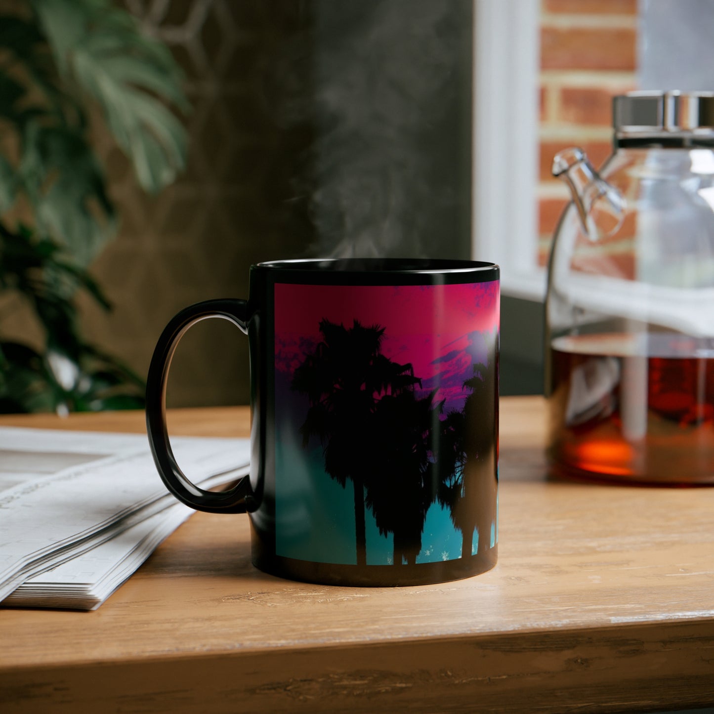 Pink and blue Palm tree paint drip print 11oz Black Mug