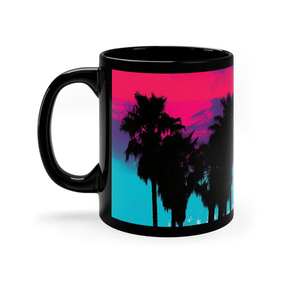Pink and blue Palm tree paint drip print 11oz Black Mug