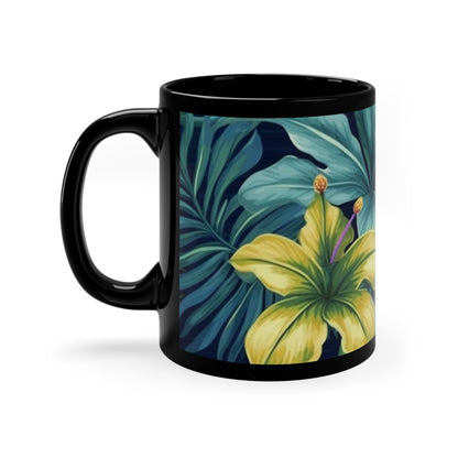 Tropical flowers, jungle print, teal, and gold, 11oz Black Mug perfect for gift or own enjoyment.