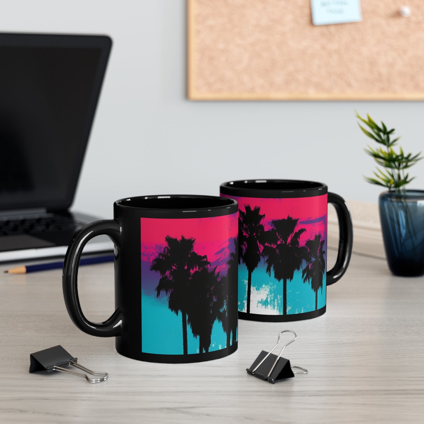 Pink and blue Palm tree paint drip print 11oz Black Mug