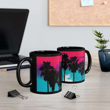 Pink and blue Palm tree paint drip print 11oz Black Mug