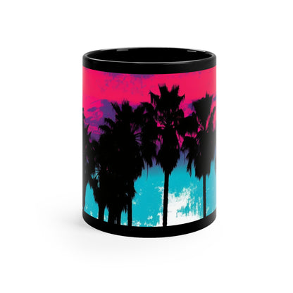 Pink and blue Palm tree paint drip print 11oz Black Mug