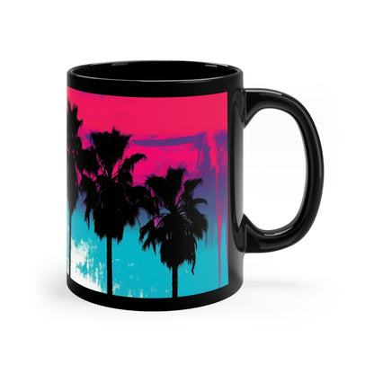 Pink and blue Palm tree paint drip print 11oz Black Mug